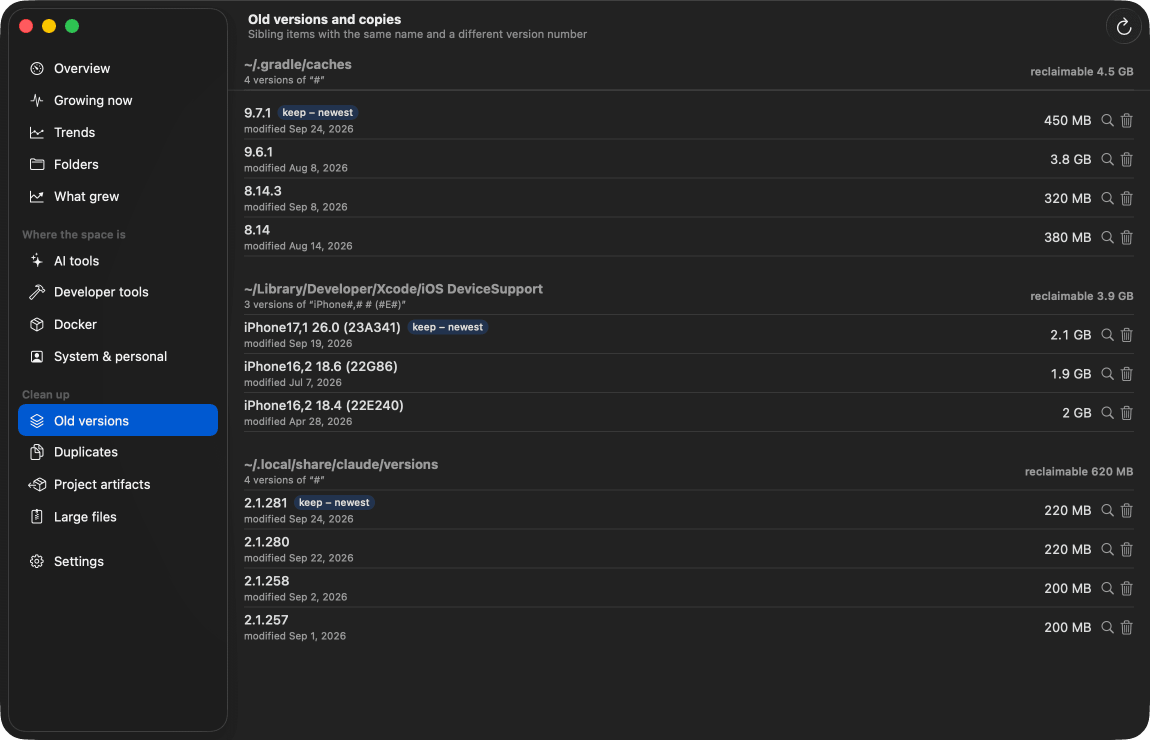 Specula's Old versions page: Gradle caches, iOS DeviceSupport and Claude Code versions grouped by tool, the newest of each marked keep, with the reclaimable size of the rest.